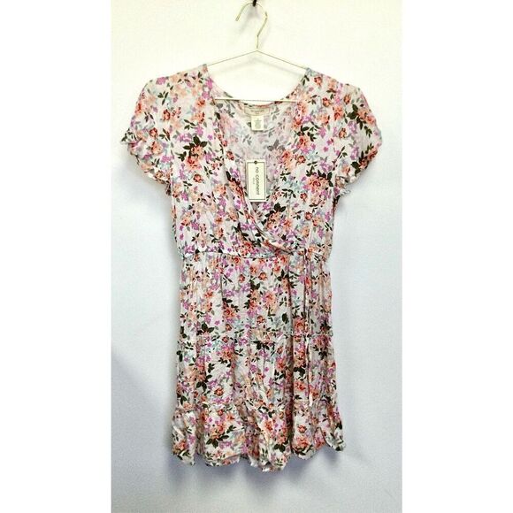 NWT No Comment Womens Pink Floral V-Neck Flutter Sleeve Mini Dress Size Large - Picture 1 of 12
